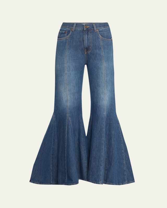 High-Rise Godet Flare Denim Trousers